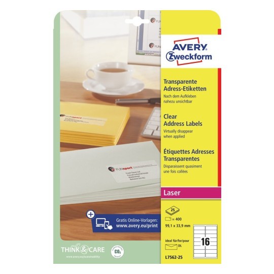 Avery L7562-25 Şeffaf Adres ve Sevkiyat Etiketi 16'lı 25 yaprak - 99 x 34 mm resmi