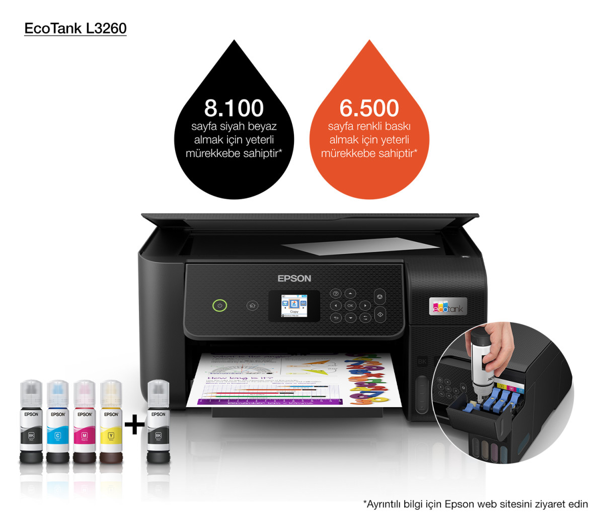 Epson Ecotank L3260 Tarayıcı + Fototopi + Wifi Direct + Tanklı Yazıcı resmi