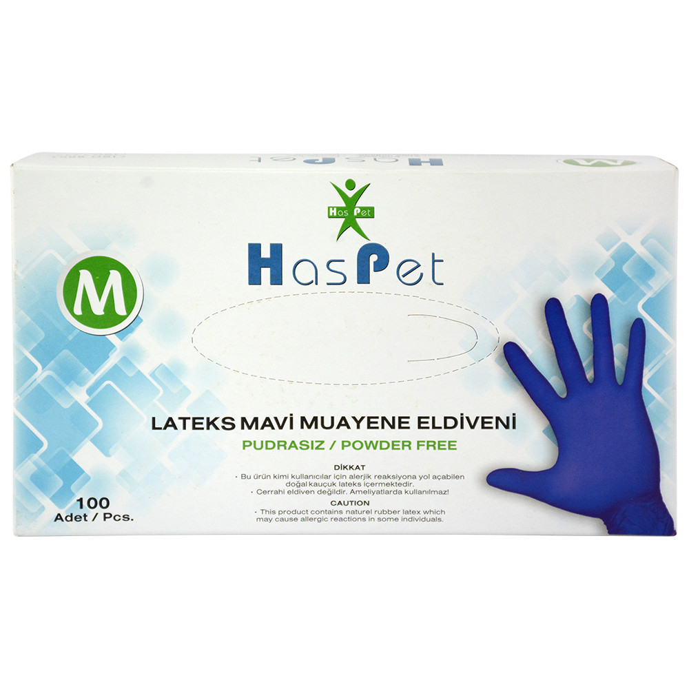 Has-Pet Pudrasız Lateks Eldiven Mavi M 100'lü Paket resmi