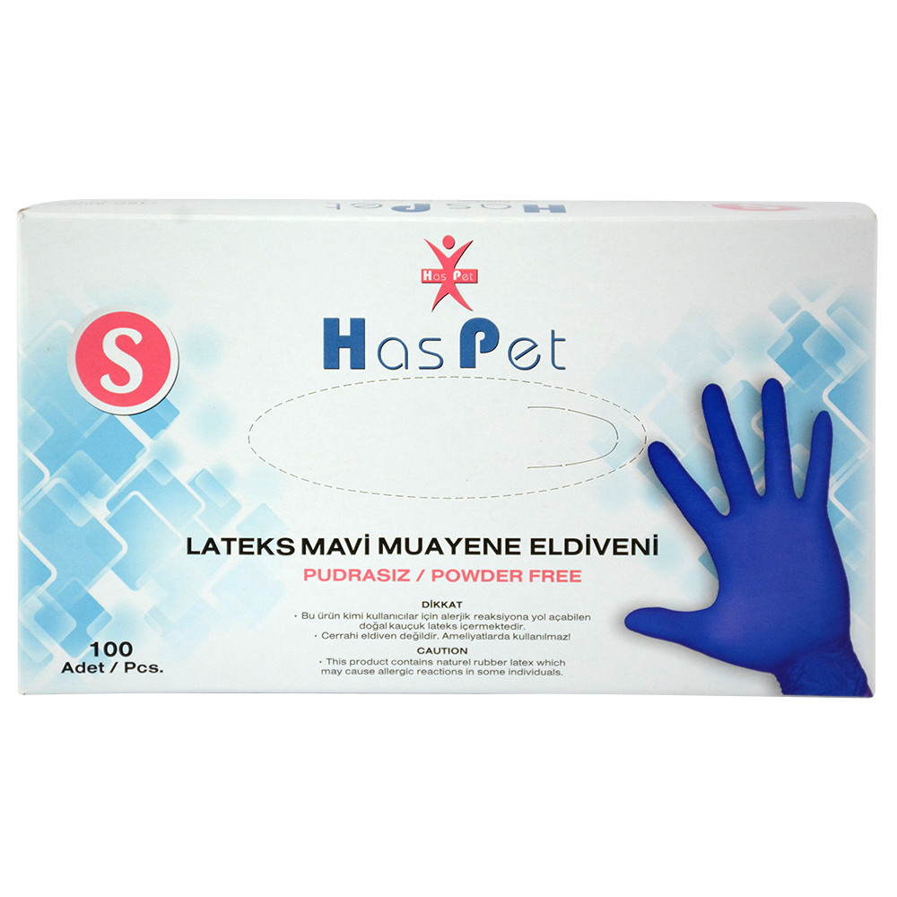 Has-Pet Pudrasız Lateks Eldiven Mavi S 100'lü Paket resmi