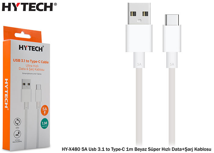 Hytech HY-X480 5A Usb 3.1 to Type-C 1m Beyaz Süper Hızlı Data+Şarj Kablosu resmi