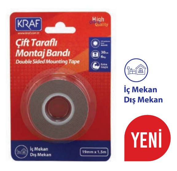 Kraf 2520G Çift Taraflı Montaj Bandı İç ve Dış Mekan 19 mm x 1,5 m resmi