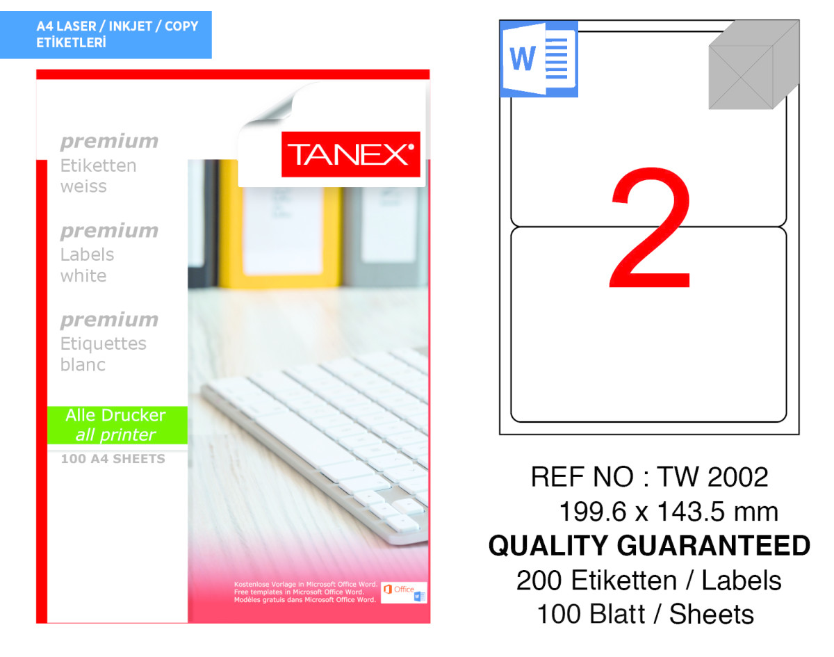 Tanex TW-2002 199.6 mm x 143.5 mm Beyaz Sevkiyat ve Lojistik Etiketi 2'li resmi