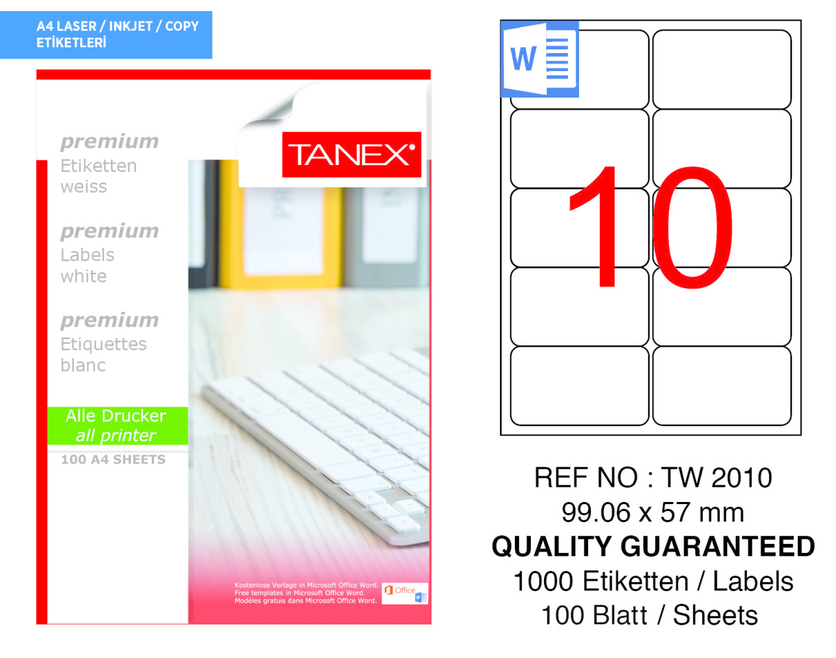 Tanex TW-2010 99.06 mm x 57 mm Beyaz Sevkiyat ve Lojistik Etiketi 10'lu resmi