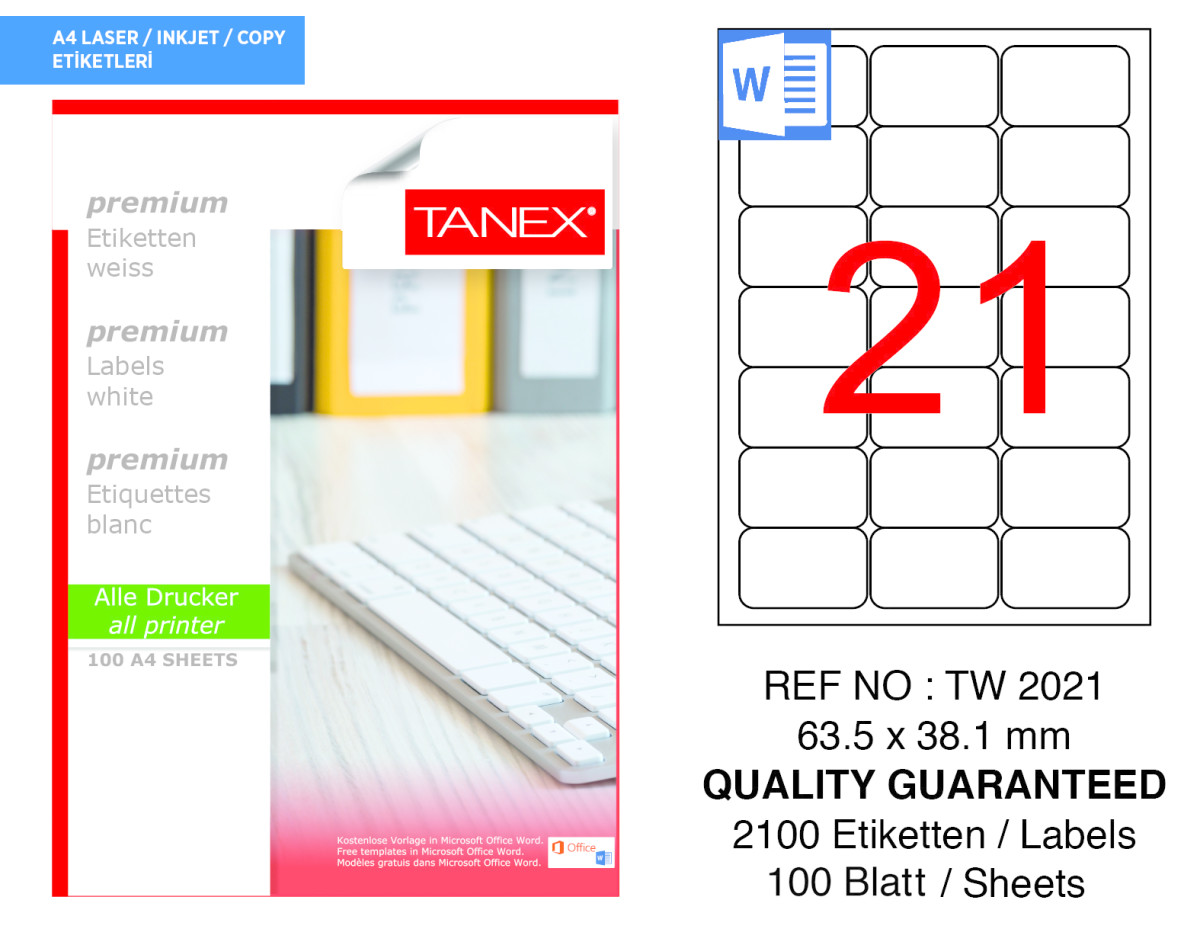 Tanex TW-2021 63.5 mm x 38.1 mm Beyaz Etiket 21'li resmi