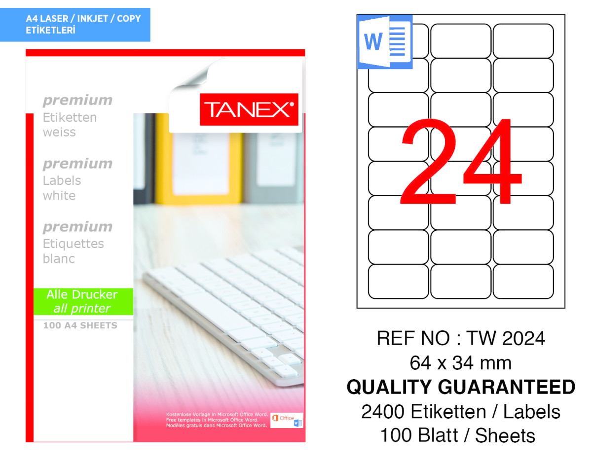 Tanex TW-2024 64 mm x 34 mm Beyaz Adresleme ve Postalama Etiketi 24'lü resmi