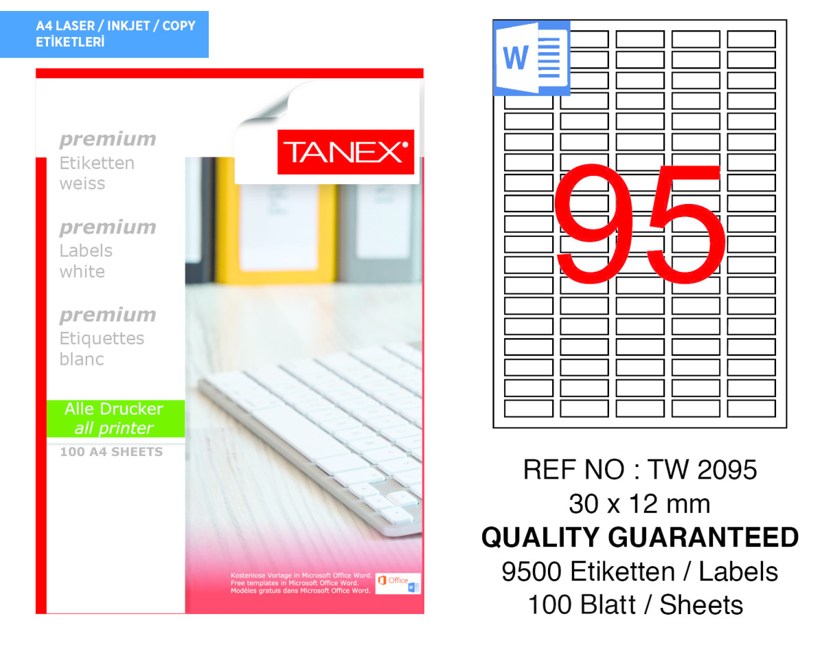 Tanex TW-2095 30 x 12 mm Beyaz Etiket 95'li resmi