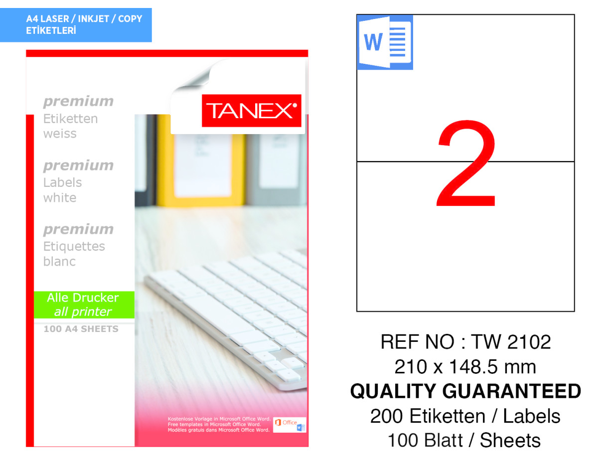 Tanex TW-2102 210 mm x 148.5 mm Beyaz Sevkiyat ve Lojistik Etiketi 2'li resmi