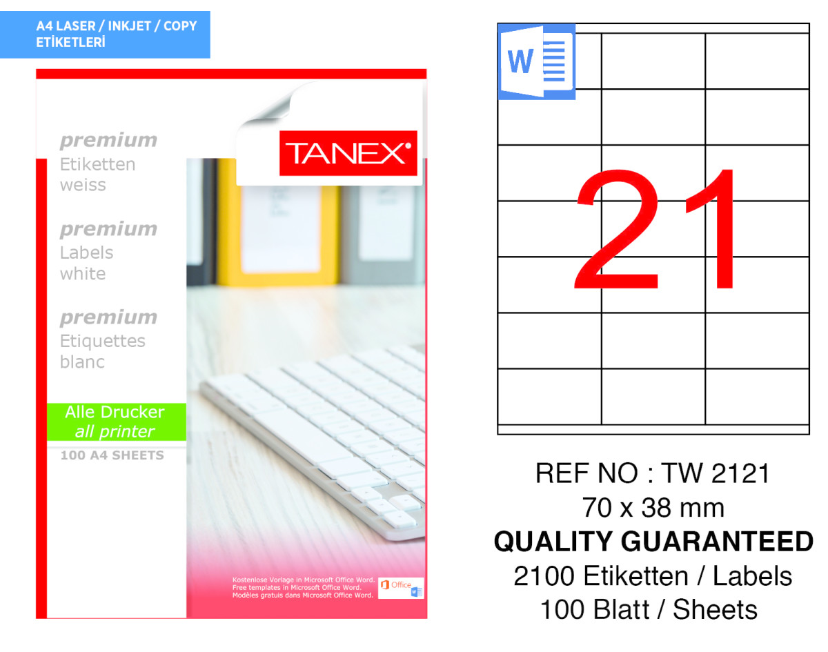 Tanex TW-2121 70 mm x 38 mm Beyaz Adresleme ve Postalama Etiketi 21'li resmi