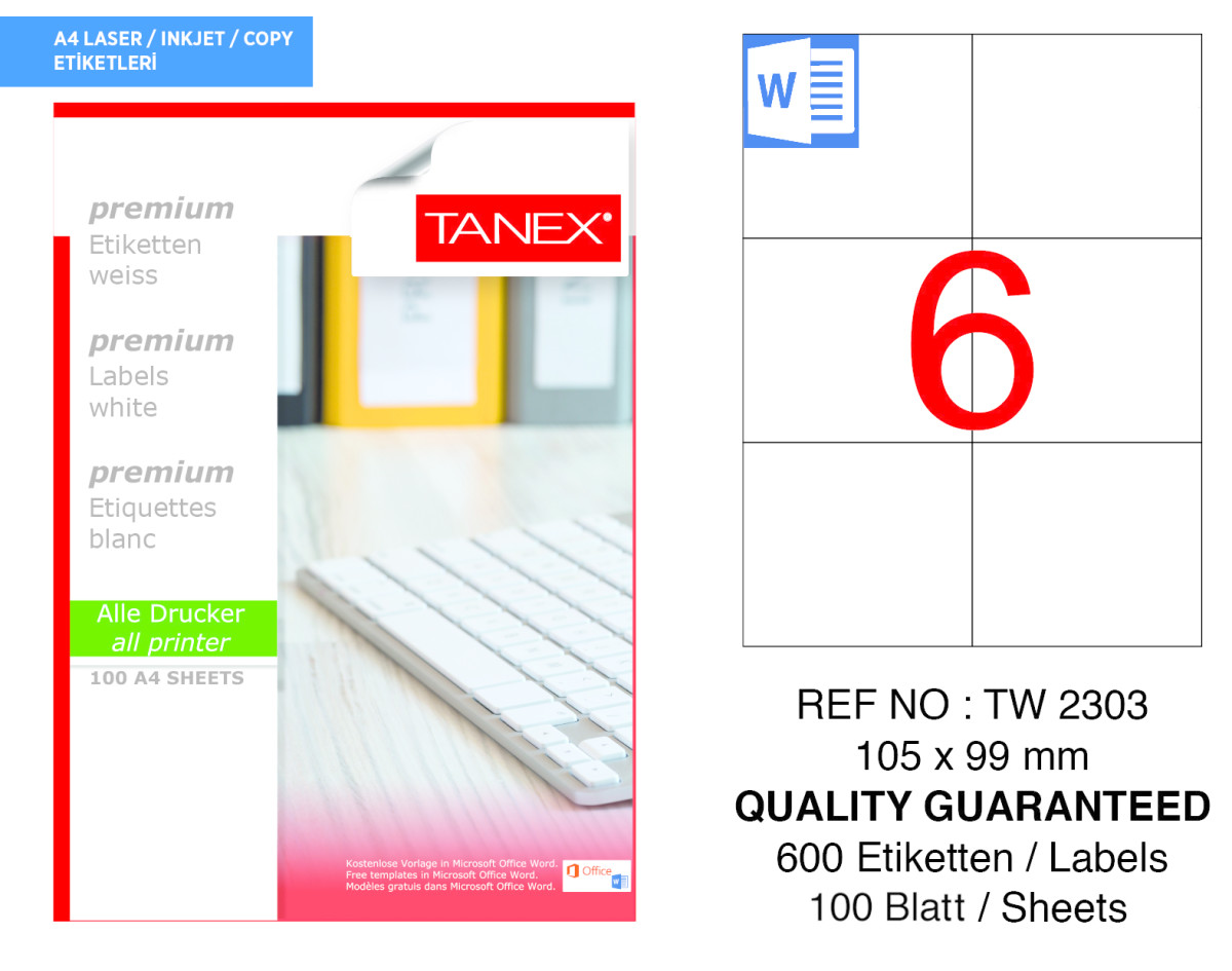 Tanex TW-2303 105 mm x 99 mm Beyaz Sevkiyat ve Lojistik Etiketi 6'lı resmi