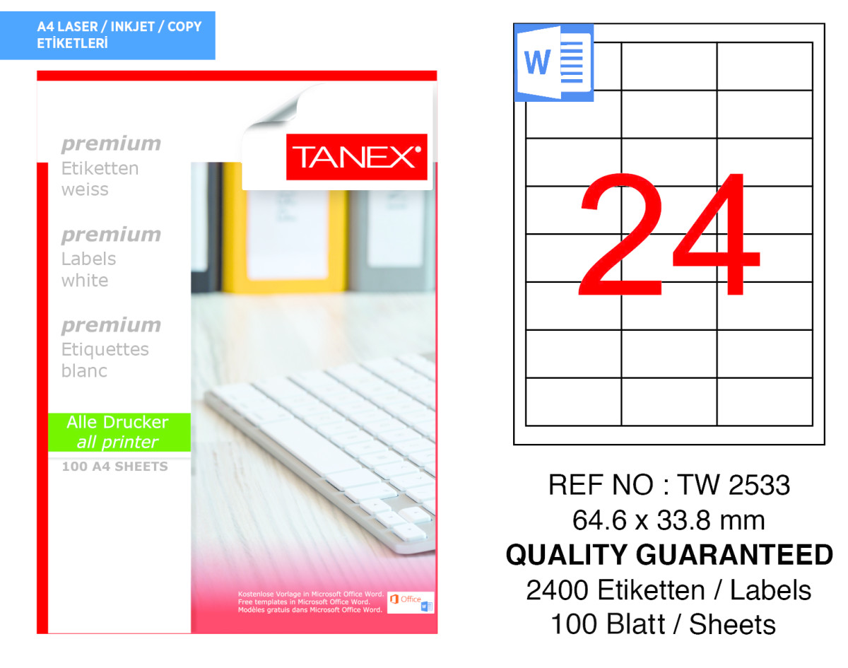 Tanex TW-2533 64.6 mm x 33.8 mm Beyaz Adresleme ve Postalama Etiketi 24'lü resmi